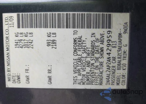 2010 Nissan Altima 2.5 S z USA, uszkodzony, nr VIN 1N4AL2AP2AN429959